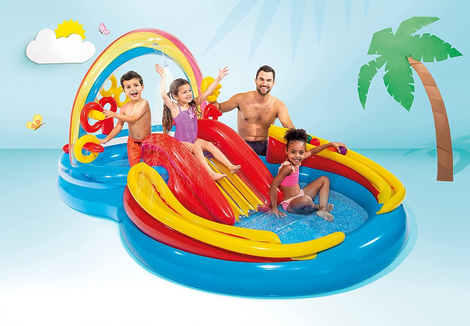 Set de Juego de agua inflable  - Play Center Inflable Rainbow   - 2.97m x 1.93m x 1.35m  Capacidad 227 Lt  Mod 19620/0
