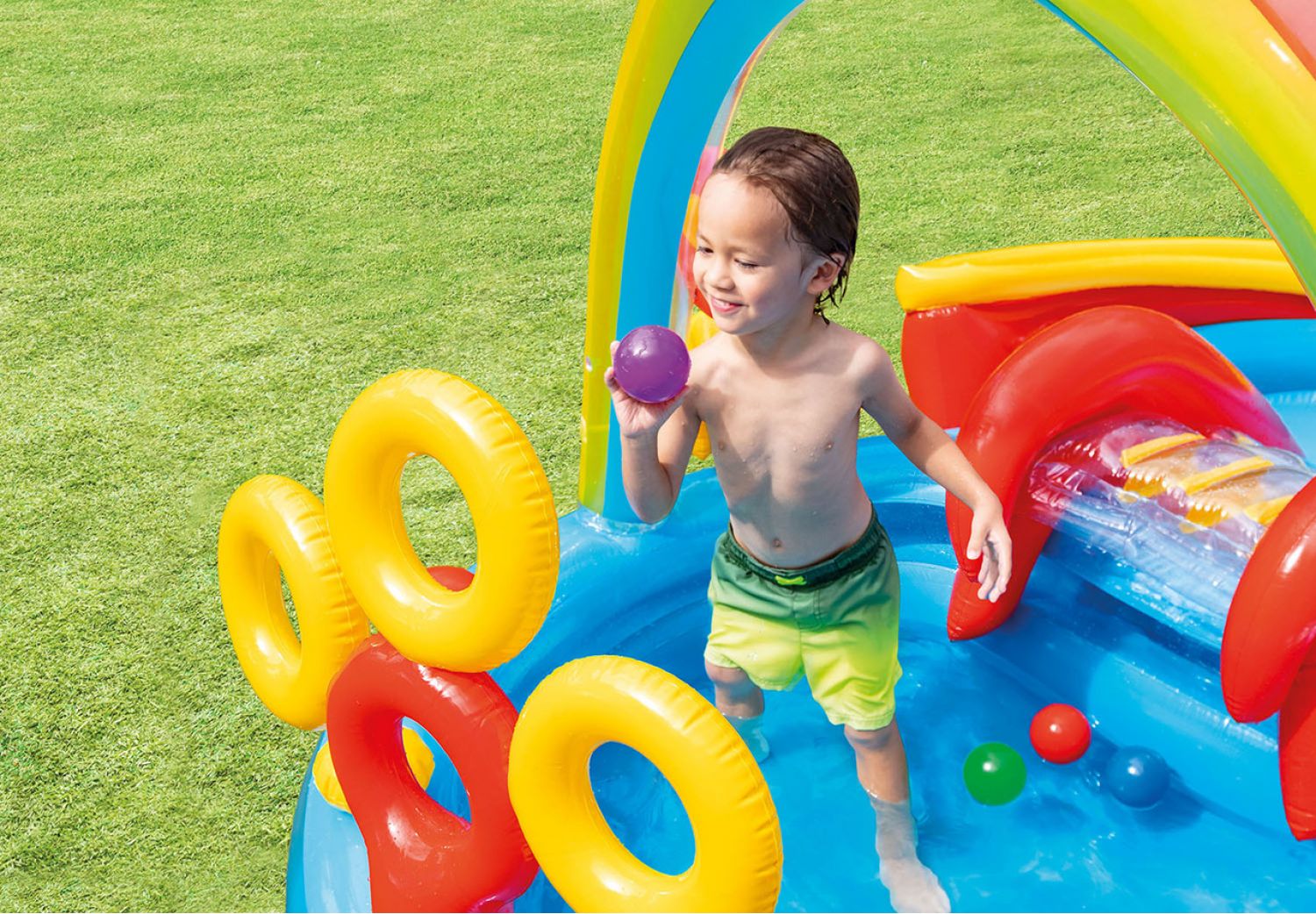 Set de Juego de agua inflable  - Play Center Inflable Rainbow   - 2.97m x 1.93m x 1.35m  Capacidad 227 Lt  Mod 19620/0